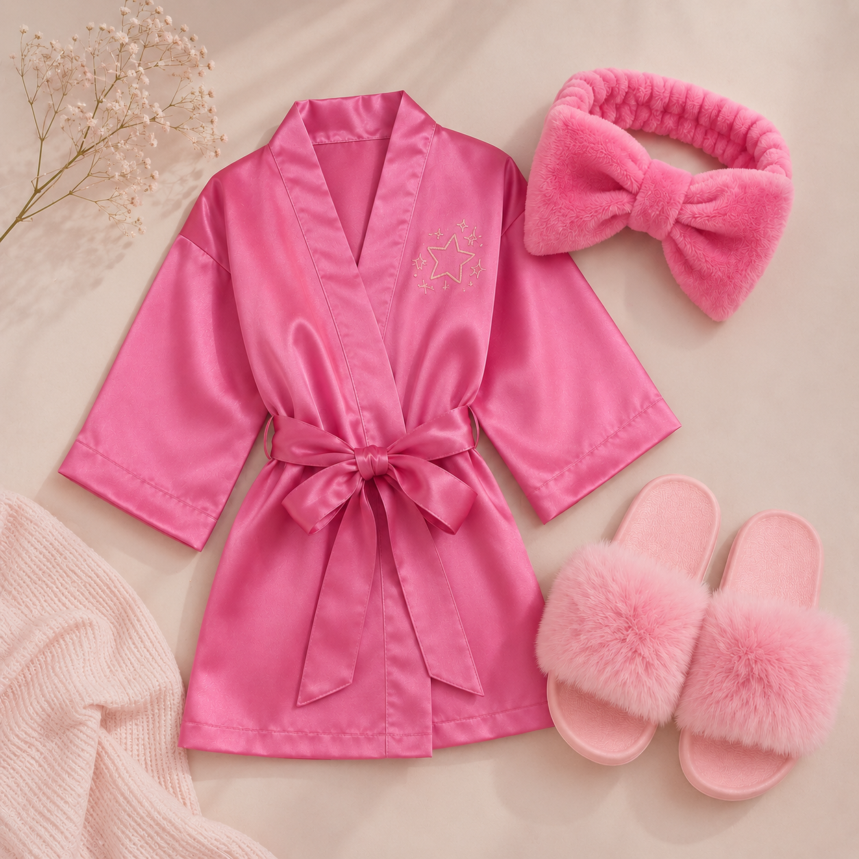 Bata rosa, pantuflas y accesorios para niñas en cumpleaños spa Glow Land