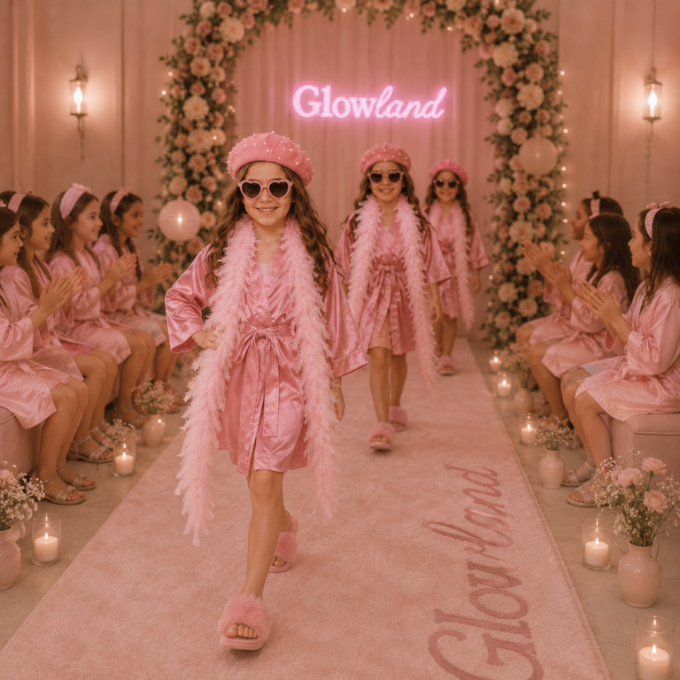 Niñas desfilando en pasarela durante cumpleaños spa Glow Land