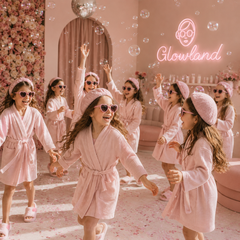 Niñas celebrando con burbujas y música en cumpleaños Glow Land